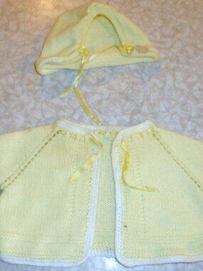 Knit Baby Sweater and Matching Bonnet,  Cashmerino Pale Yellow,  Small 0-3 month